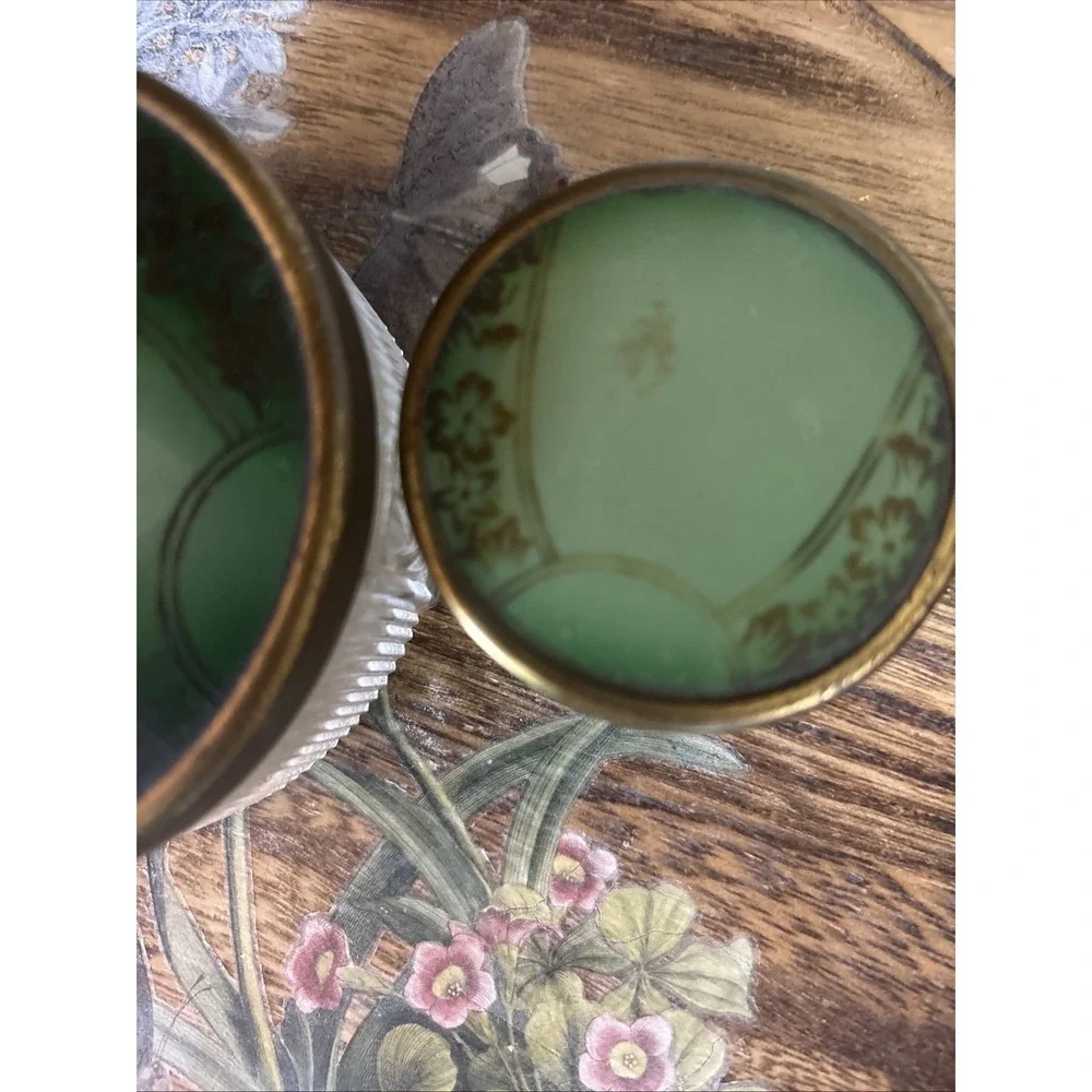 Vtg 2pc Art Deco Glass Vanity Jar Set w/ Floral Celluloid Lids 1940s/50s